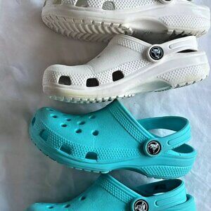 Two Pair LOT Crocs Classic Shoe Clog aqua blue and white sz Unisex Size US 13